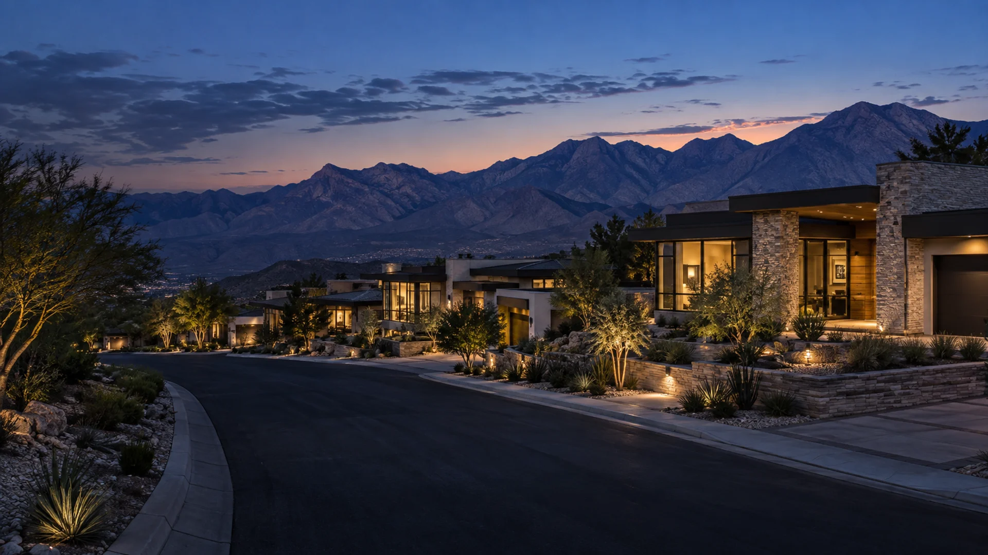 Original photographic-style scene of desert homes glowing at blue hour beneath the Las Vegas mountains