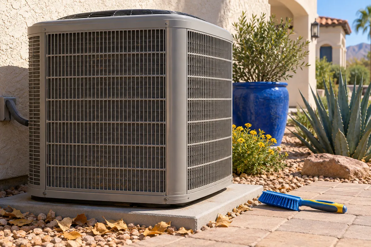 Editorial illustration: close view of an air conditioner grille with desert dust and leaves nearby.