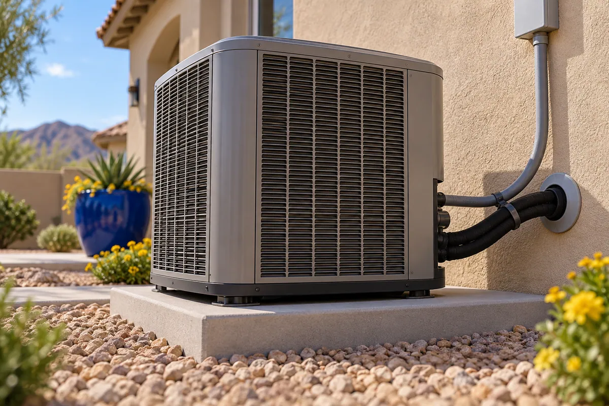Editorial illustration: base and insulated connections of a new outdoor AC unit.