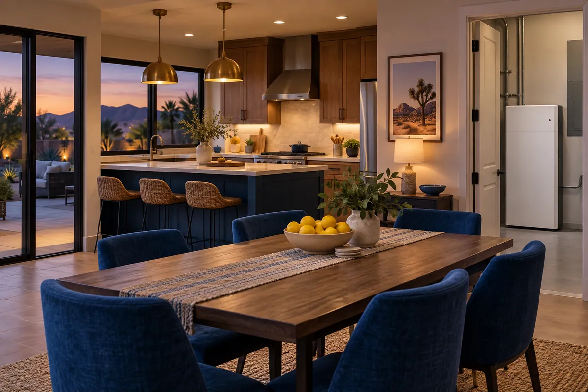 Editorial illustration: comfortable illuminated home with a backup battery visible nearby