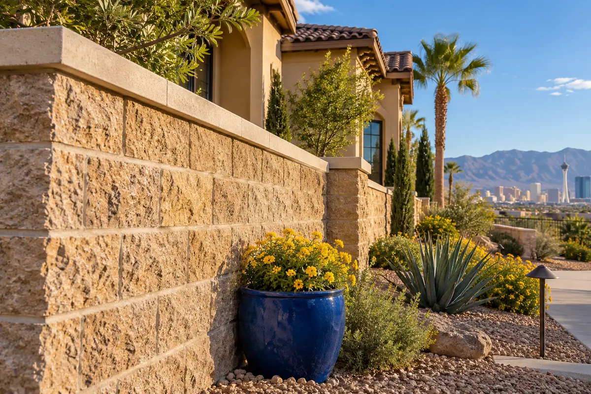 Editorial illustration: masonry block texture and coping beside desert plants.