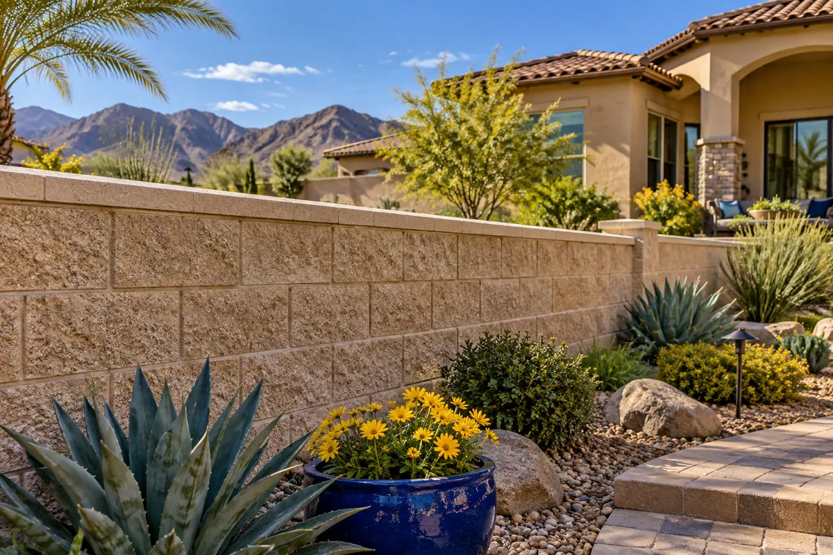 Editorial illustration: textured masonry boundary wall in a desert residential yard.