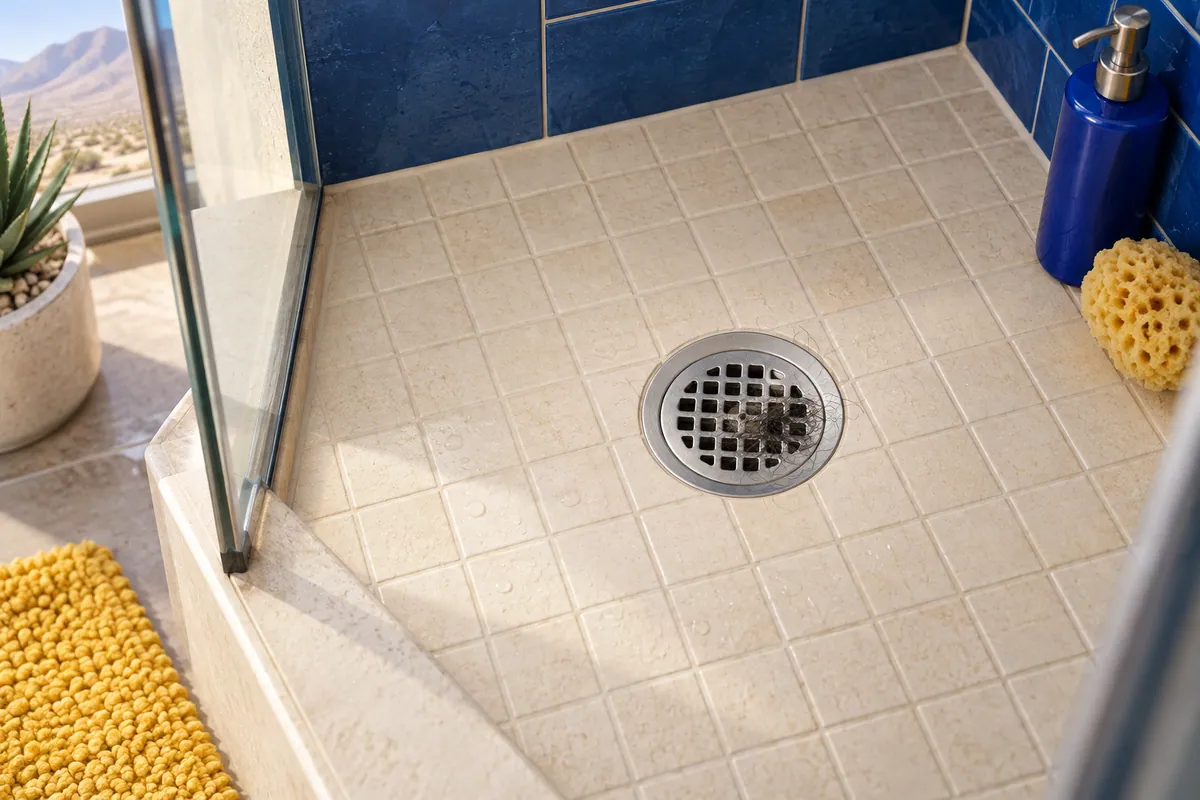 Editorial illustration: shower drain grate with a small collection of hair on cream tile.