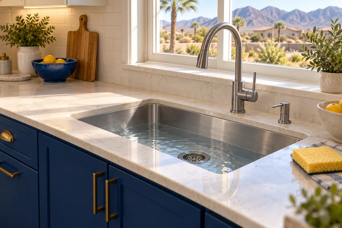 Editorial illustration: kitchen sink with shallow standing water and a visible drain strainer.