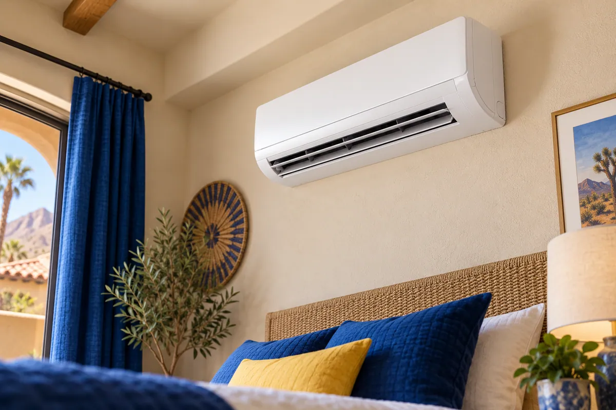 Editorial illustration: close view of a wall-mounted mini split and its air outlet.