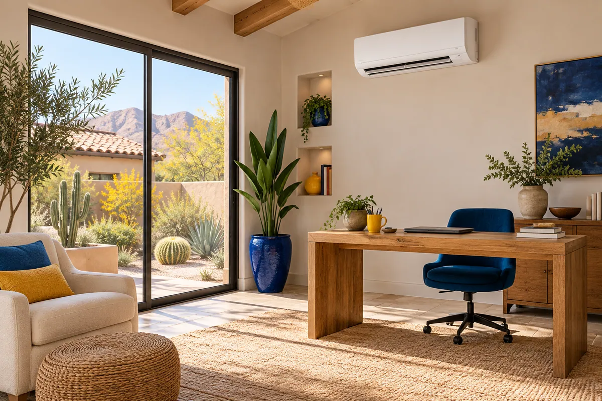 Editorial illustration: wall-mounted mini split above a desert home office.