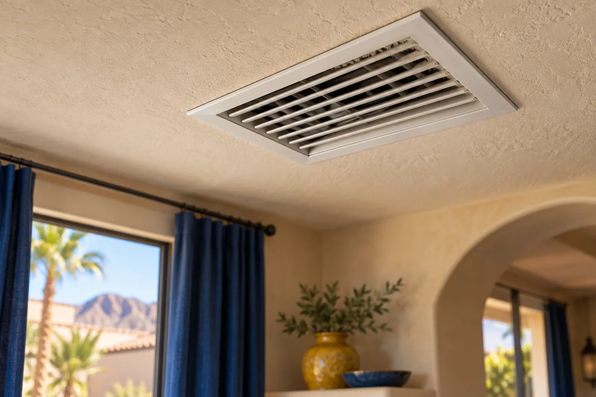 Editorial illustration: ceiling air register with subtle dust along its edge.