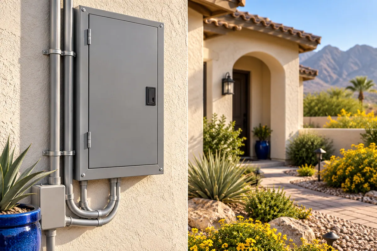 Editorial illustration: closed breaker panel latch and orderly exterior conduits
