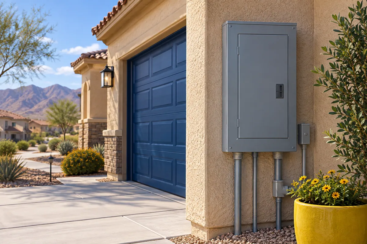 Editorial illustration: closed residential breaker panel on a stucco home