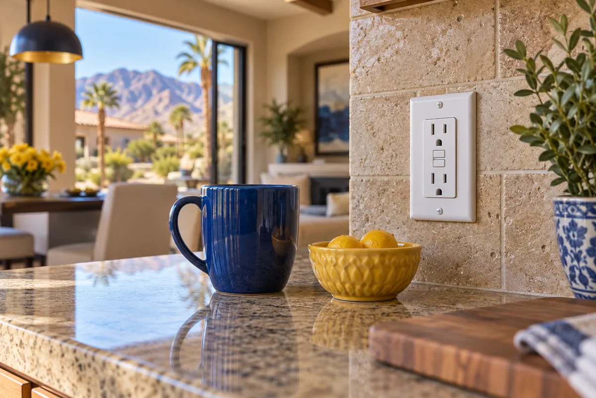 Editorial illustration: intact kitchen safety outlet beside blue and yellow ceramics
