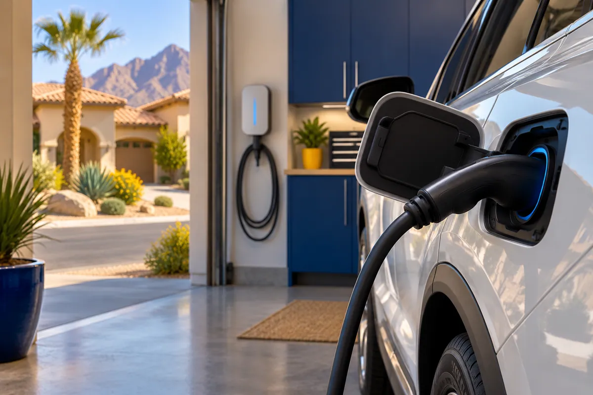 Editorial illustration: charging connector securely seated in a home garage