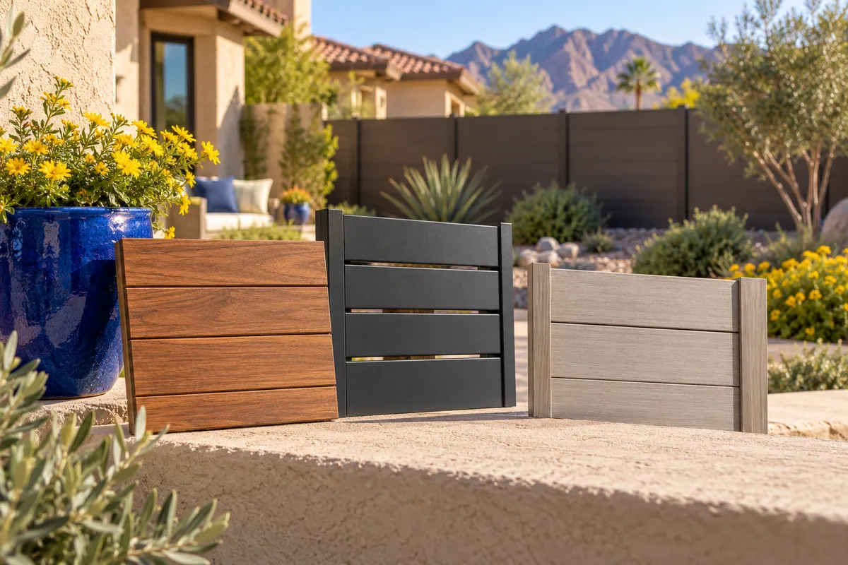 Editorial illustration: privacy fence material samples near a finished backyard fence.