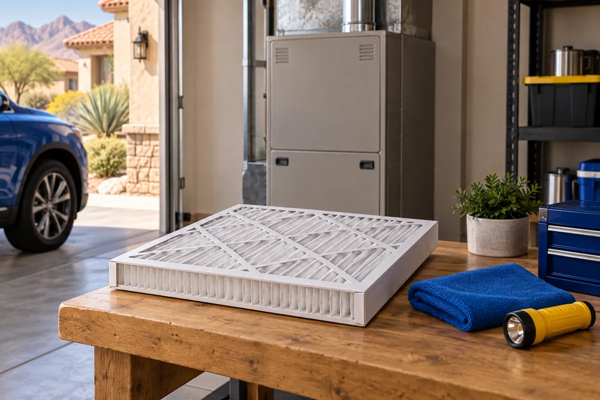 Editorial illustration: clean replacement filter in front of a closed furnace cabinet.