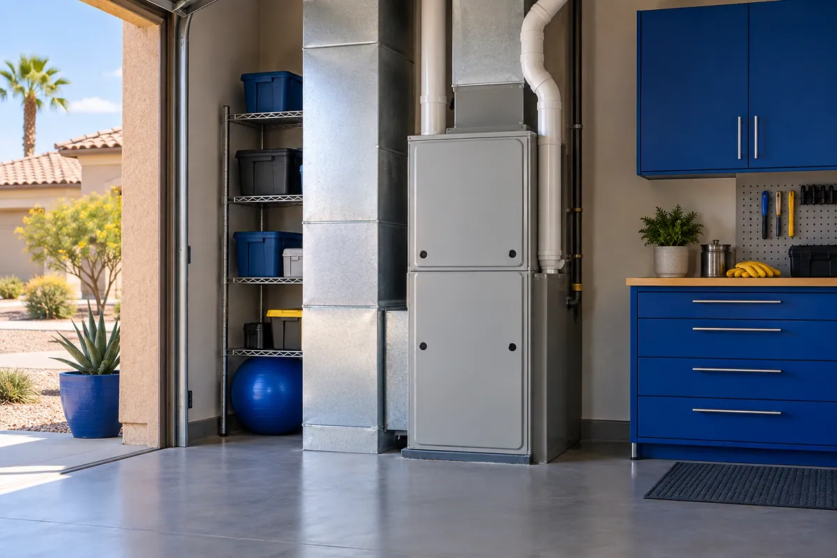 Editorial illustration: new furnace in an uncluttered garage utility area.
