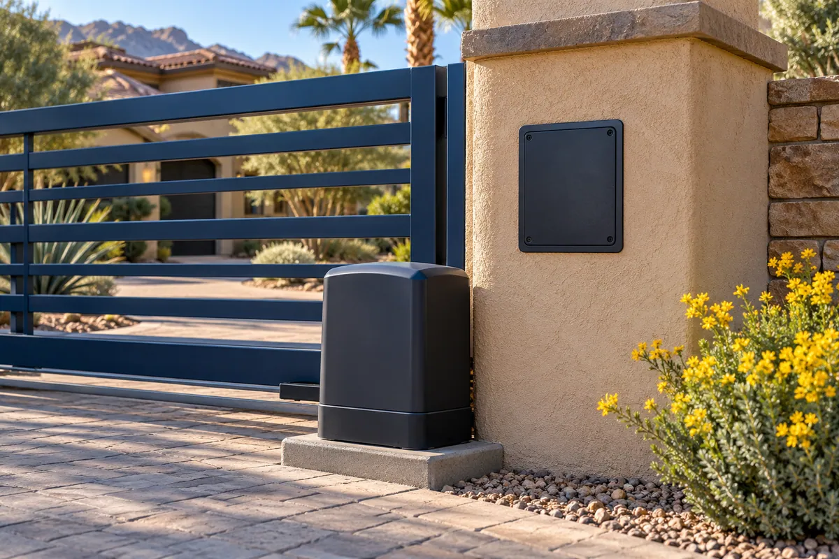 Editorial illustration: enclosed gate access controls on a stucco driveway pillar.