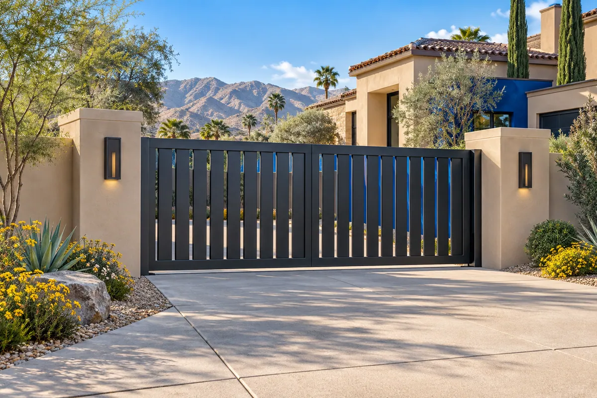 Editorial illustration: closed automated driveway gate at a desert stucco residence.