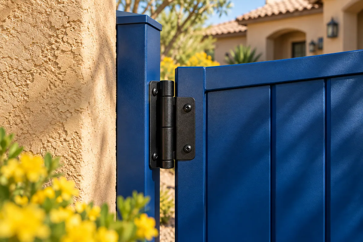 Editorial illustration: close view of a black hinge on a cobalt residential side gate.