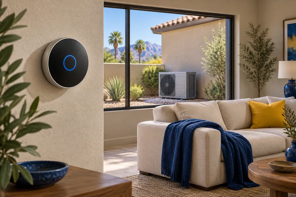 Editorial illustration: living room thermostat with an outdoor heat pump visible through the window.
