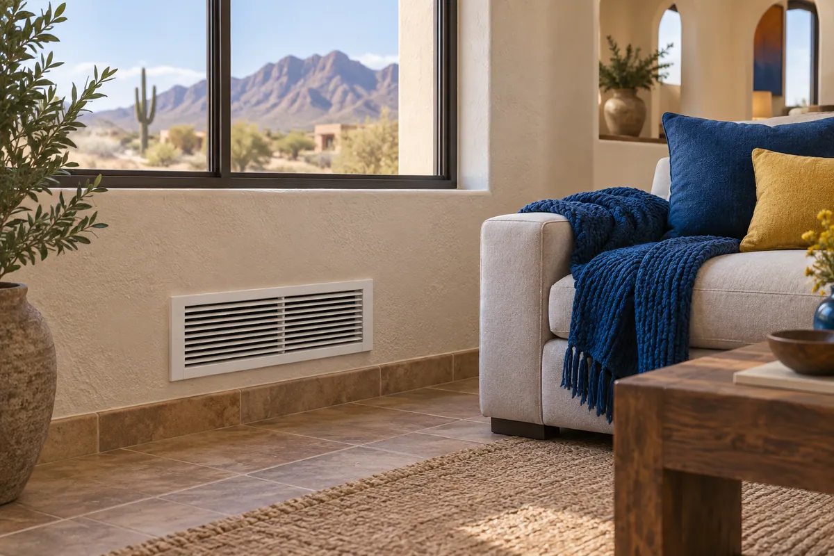 Editorial illustration: living room supply vent beside a sofa with a blue blanket.