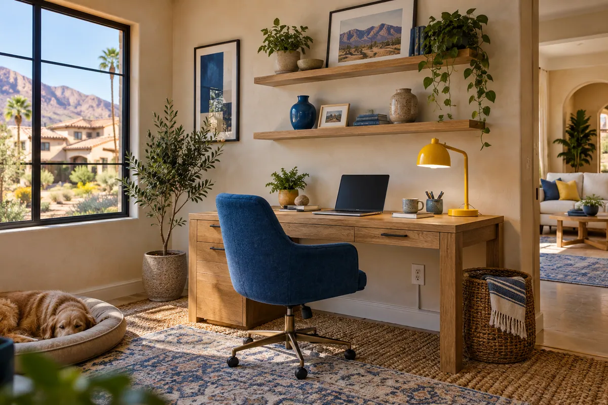 Editorial illustration: renovated home office with new outlets and tidy cables