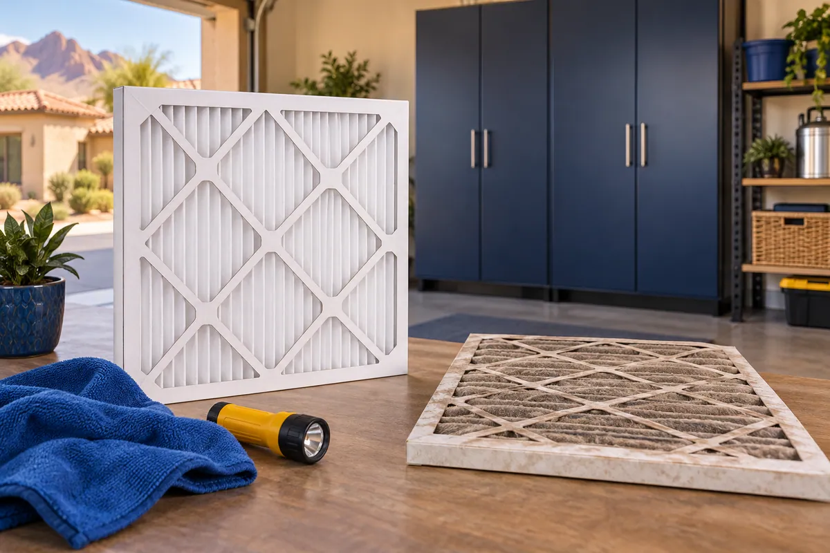 Editorial illustration: clean and dusty HVAC filters on a garage workbench.