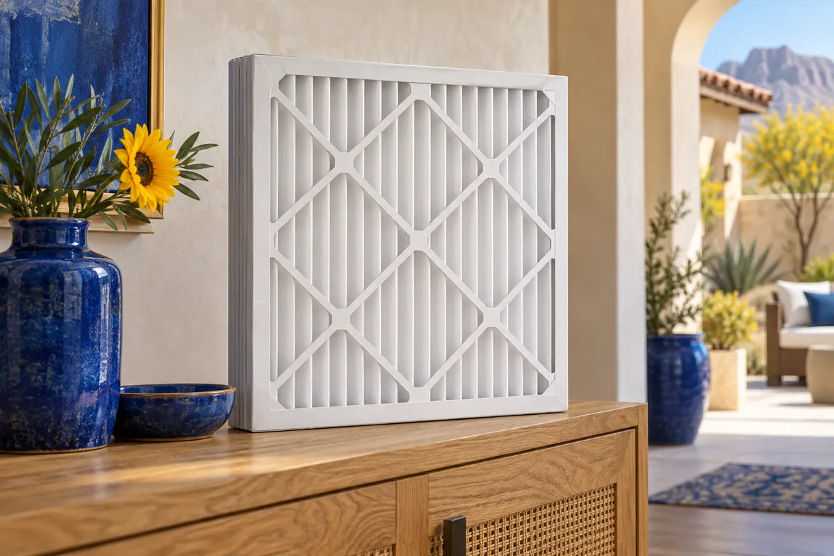 Editorial illustration: pleated air filter displayed on an oak console.