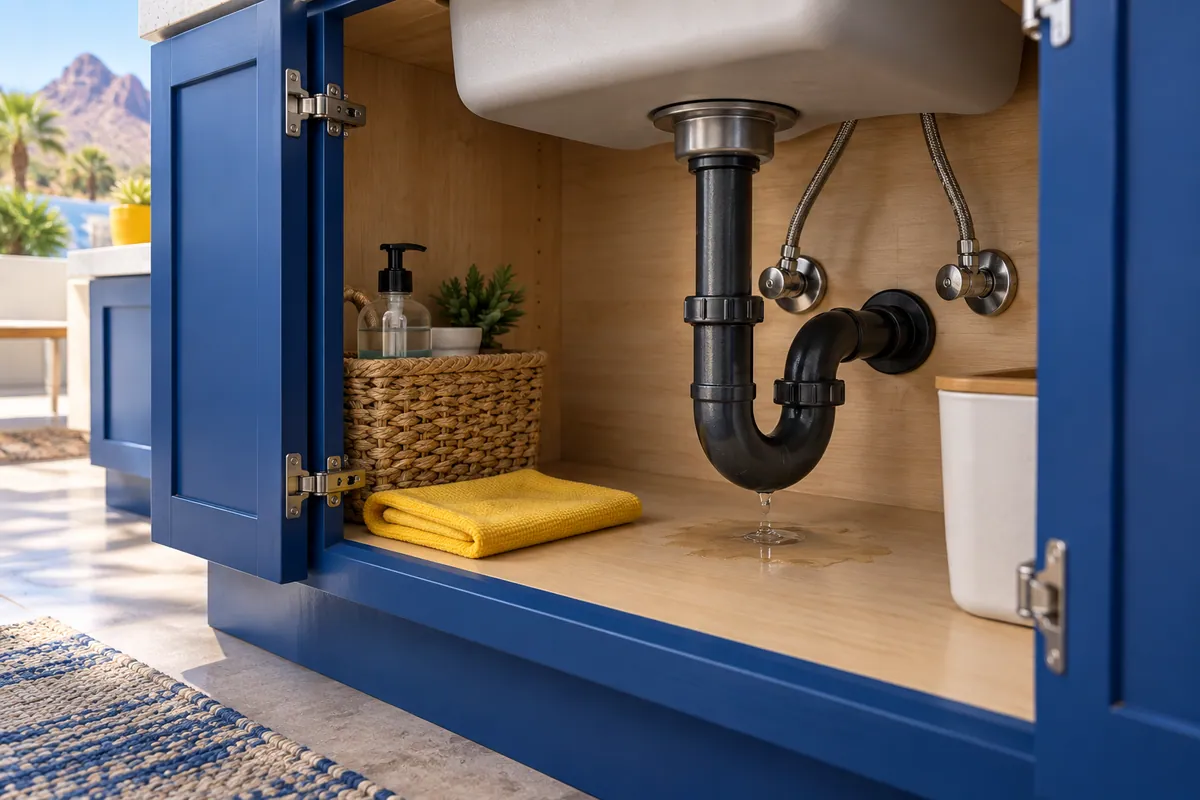 Editorial illustration: small puddle beneath plumbing inside an open sink cabinet.