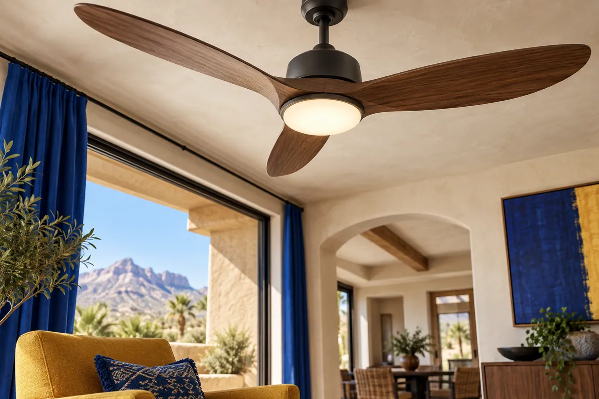 Editorial illustration: modern ceiling fan and integrated light seen from below