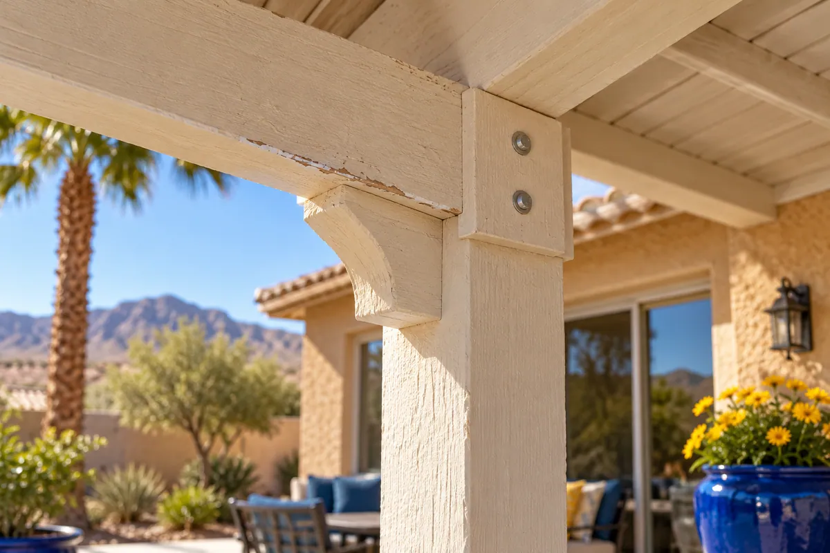 Editorial illustration: patio cover joint and weathered finish detail