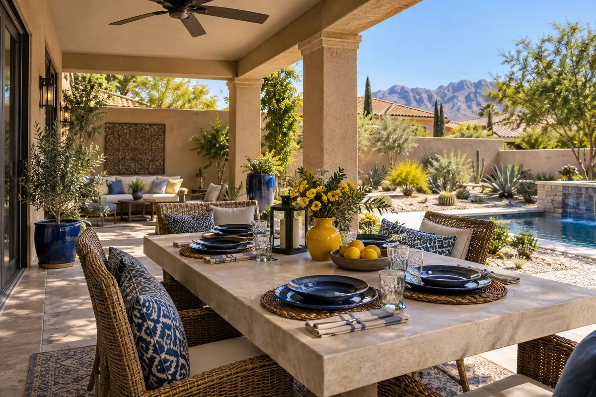 Editorial illustration: shaded patio dining table overlooking a sunny desert garden