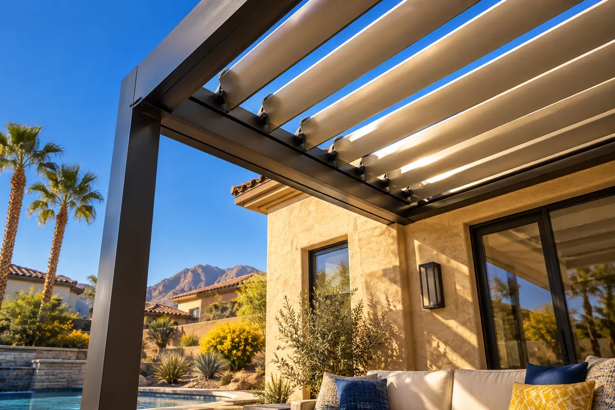 Editorial illustration: adjustable pergola louvers filtering desert daylight