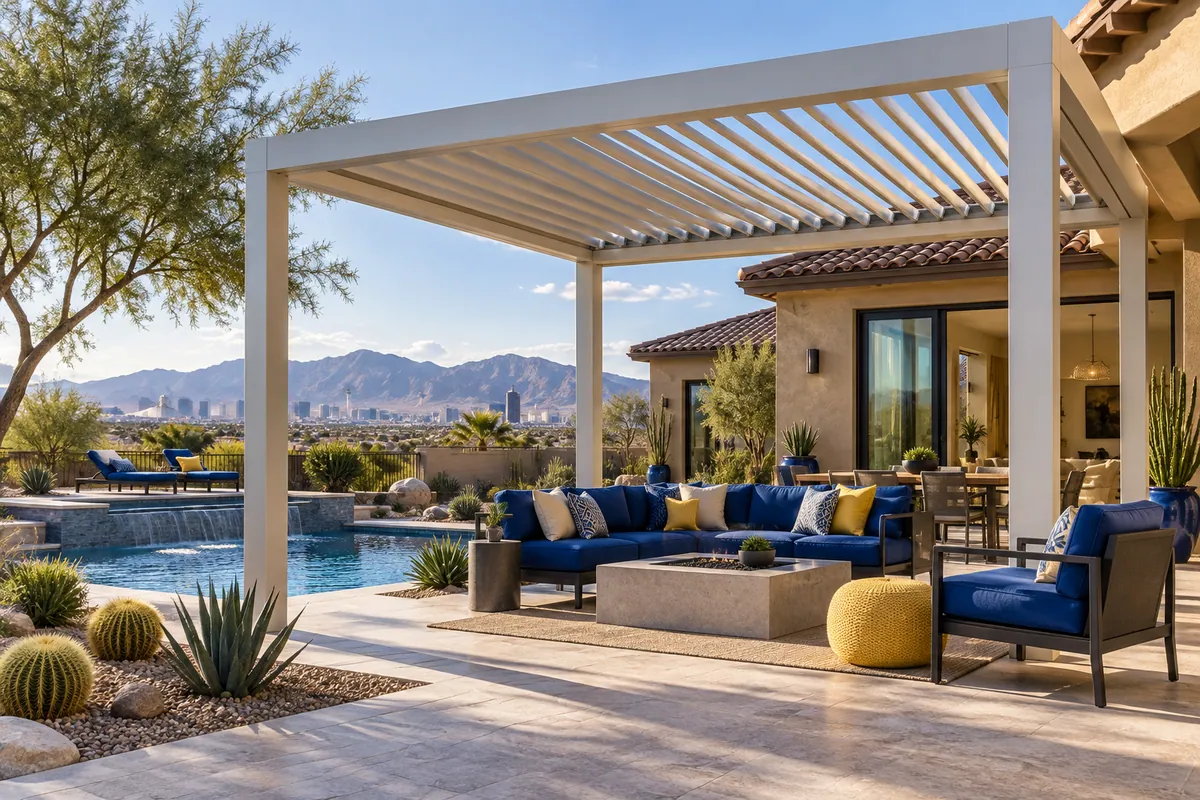 Editorial illustration: louvered pergola shading a desert backyard lounge