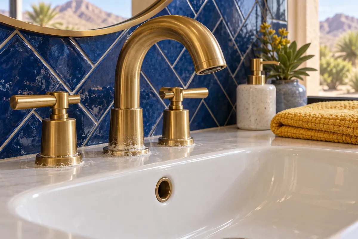 Editorial illustration: bathroom faucet base with mineral residue beside a ceramic basin.
