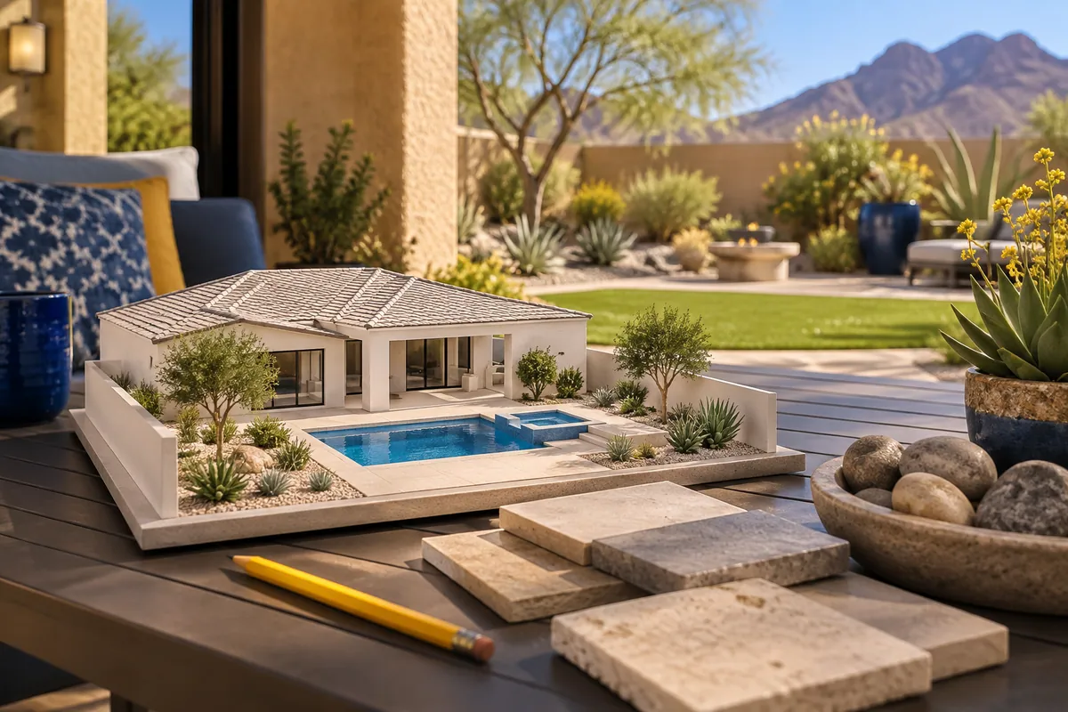 Editorial illustration: backyard pool planning materials on a shaded patio table.