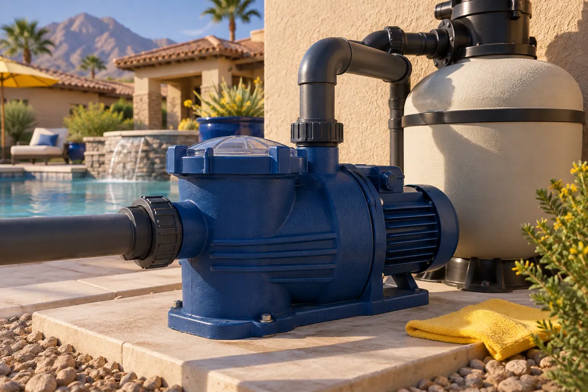Editorial illustration: close view of a closed pool pump housing and filter equipment.