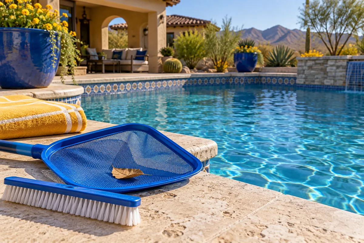 Editorial illustration: pool skimmer net and brush on a pale stone pool deck beside sparkling blue water.