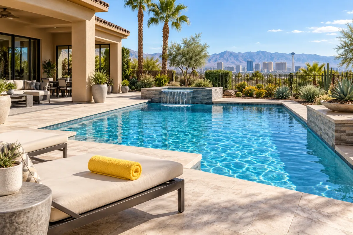Editorial illustration: clear cobalt swimming pool beside a warm stucco Las Vegas home.