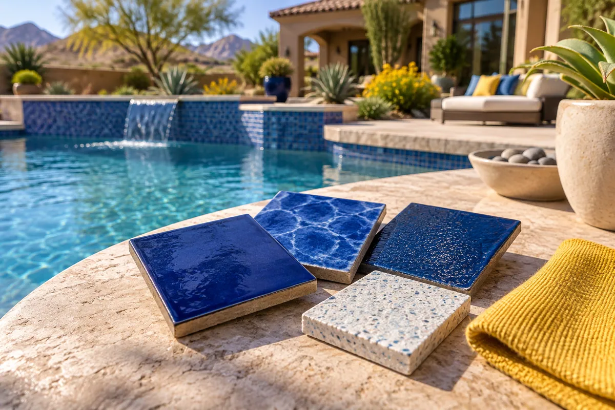 Editorial illustration: cobalt pool tile and pale stone finish samples beside the water.