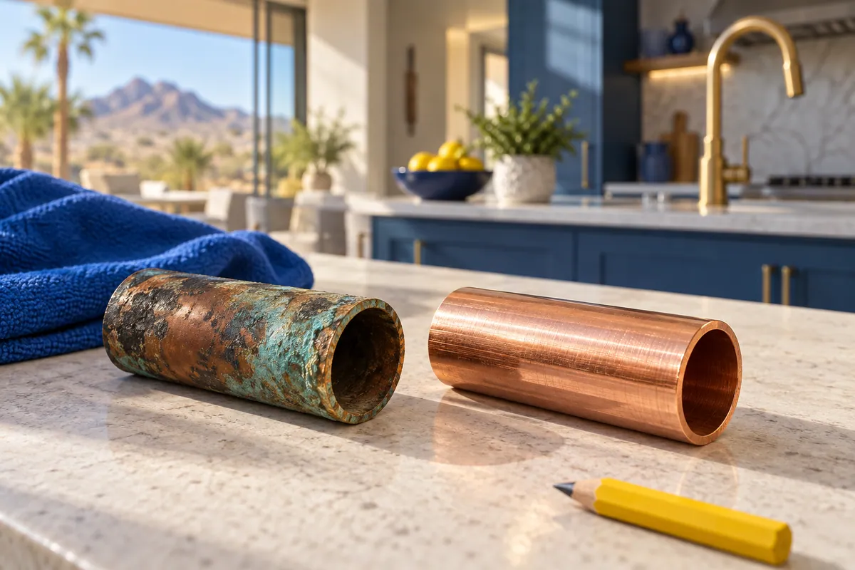 Editorial illustration: old and new copper pipe sections on a protected work surface.