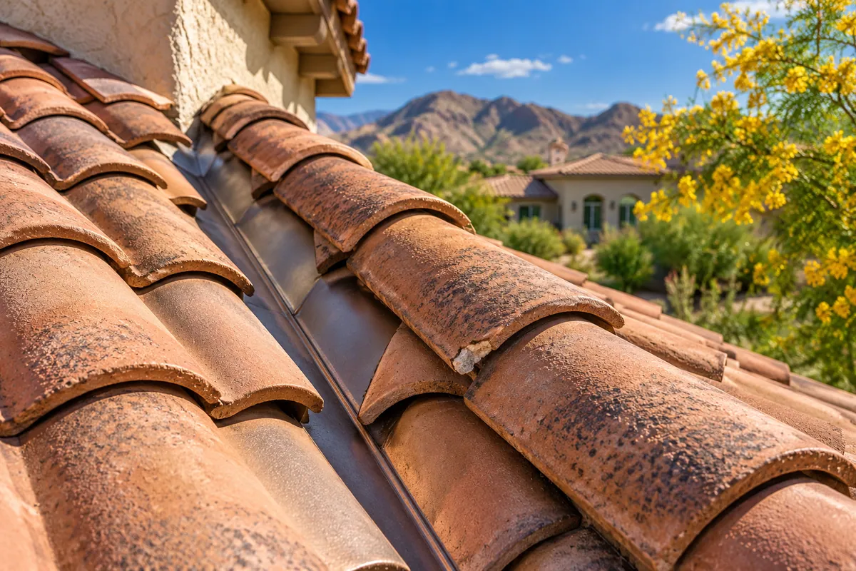 Editorial illustration: tile roof valley and flashing inspection detail