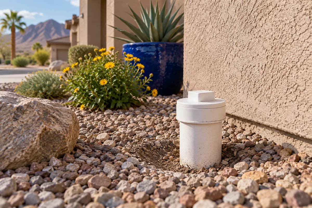 Editorial illustration: capped sewer cleanout beside a stucco wall and gravel landscaping.