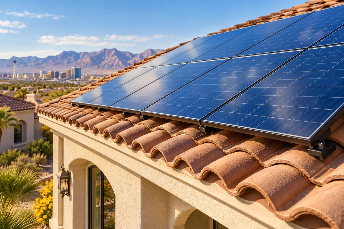 Editorial illustration: clean solar panels mounted above curved clay roof tiles