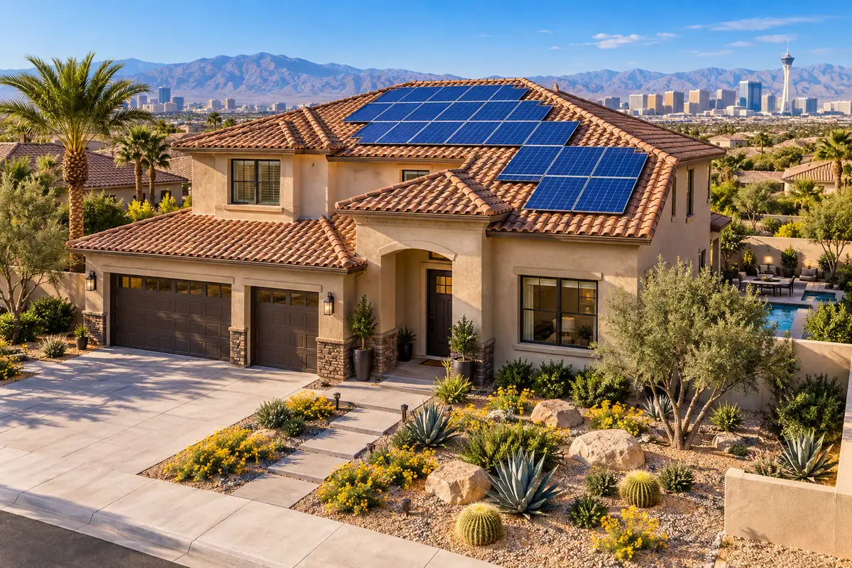 Editorial illustration: las Vegas home with a neatly aligned rooftop solar array
