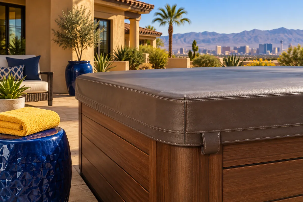 Editorial illustration: closed spa cover and durable cabinet finishes.