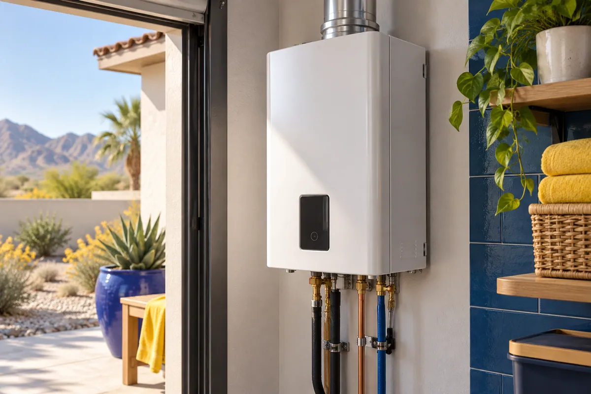 Editorial illustration: close view of a compact tankless water heater in a tiled utility nook.