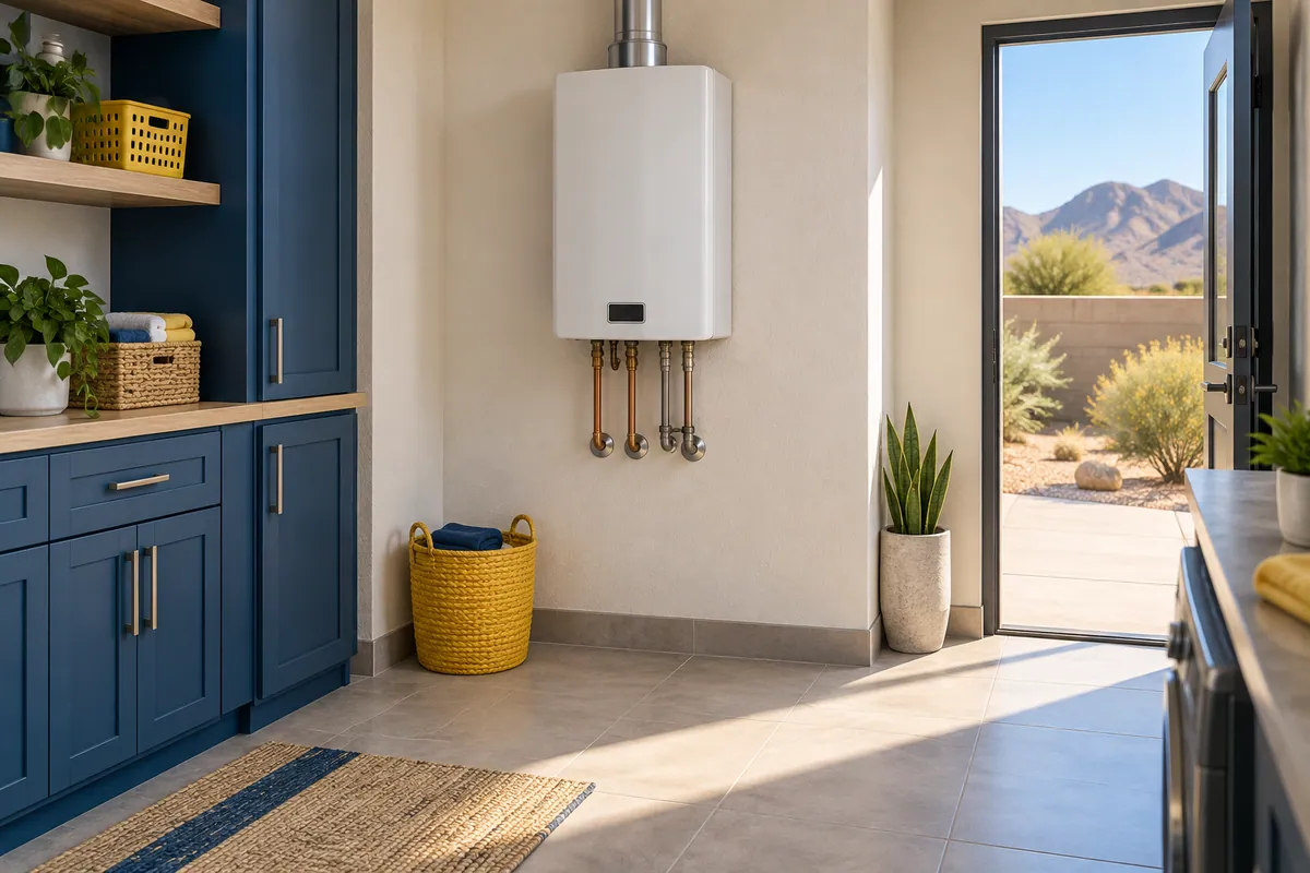 Editorial illustration: wall-mounted tankless water heater above an open utility-room floor.