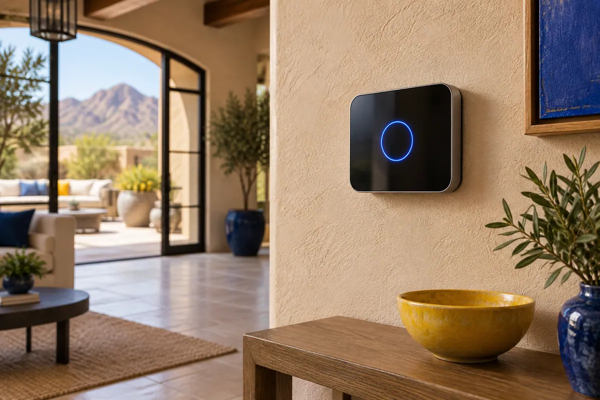 Editorial illustration: close view of a smart thermostat on a textured wall.