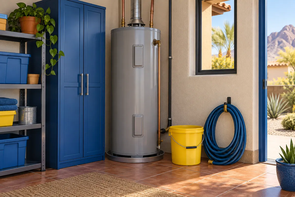 Editorial illustration: tank water heater with a coiled hose and bucket nearby.