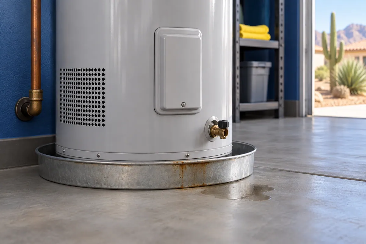 Editorial illustration: tank water heater drain pan with light rust staining and dampness.