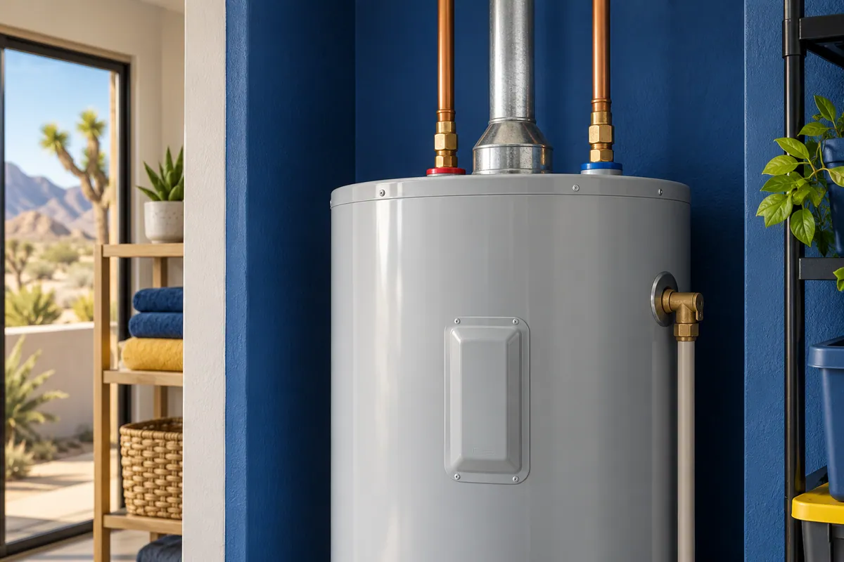 Editorial illustration: upper section of a new tank water heater with tidy pipe connections.
